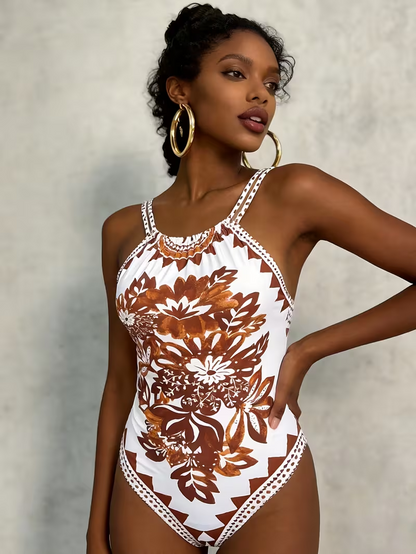 French-Style Vintage Print 1pc Swimsuit for Beach Vacations with a High-End Feel
