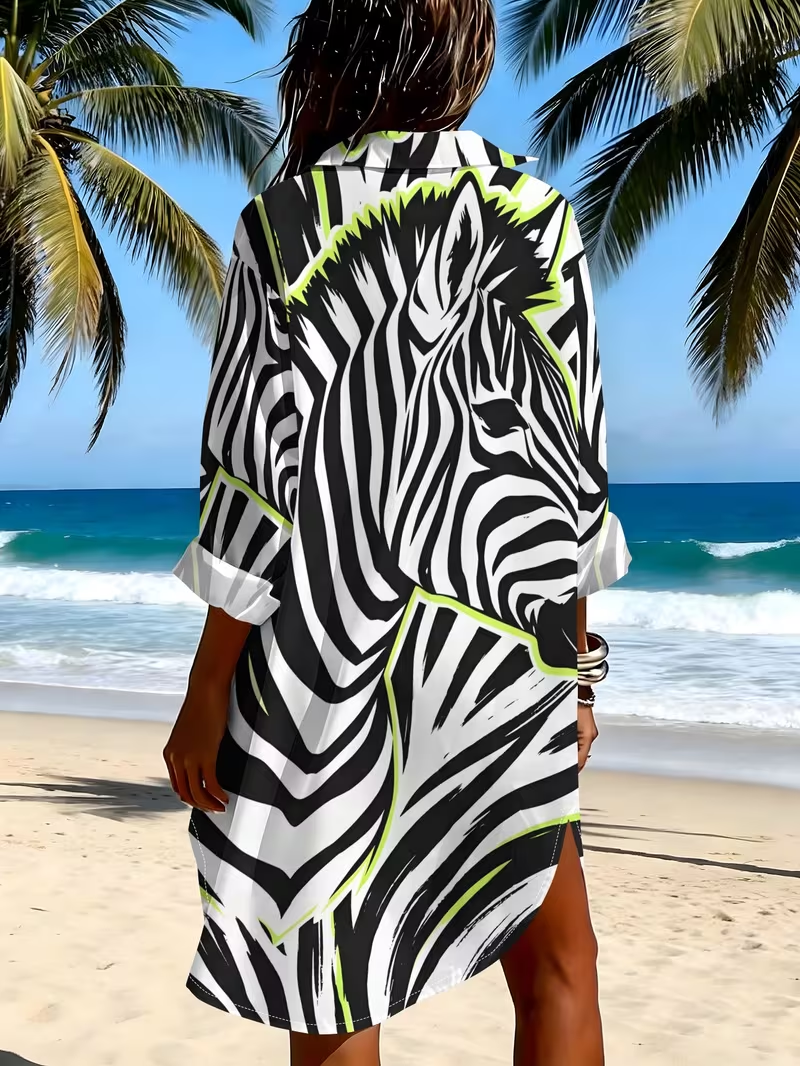 Women'S Long Sleeve Shirt Dress, Individual Zebra Print Contrast Long Sleeve Shirt Dress