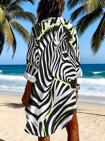 Women'S Long Sleeve Shirt Dress, Individual Zebra Print Contrast Long Sleeve Shirt Dress