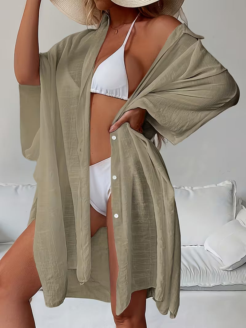 Directional Shirt Style Loose Beach Cover-Up Vacation Sunscreen Cape Bikini Cover-Up Swimwear Outerwear