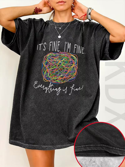 Women'S Casual Graphic Print T-Shirt - "It'S Fine, I'm Fine" Design, Loose Fit, Short Sleeve, Round Neck, Summer Fashion Top, Machine Washable, Ladies T Shirts