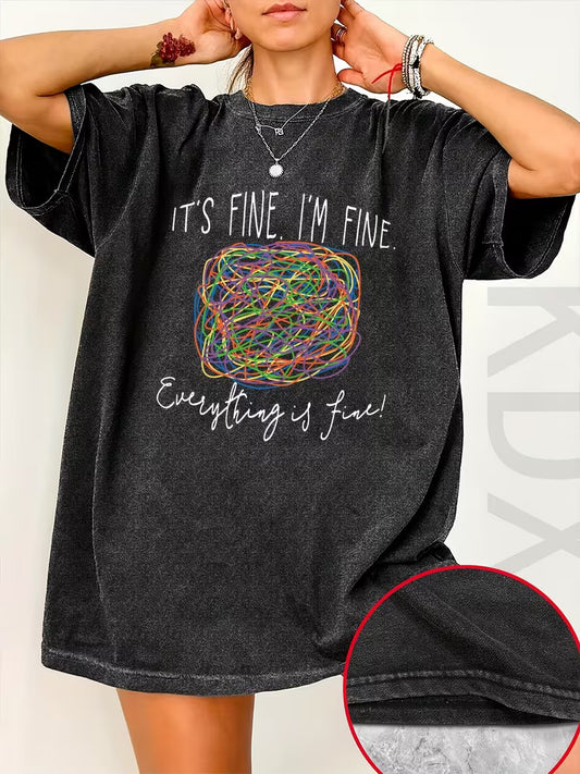 Women'S Casual Graphic Print T-Shirt - "It'S Fine, I'm Fine" Design, Loose Fit, Short Sleeve, Round Neck, Summer Fashion Top, Machine Washable, Ladies T Shirts