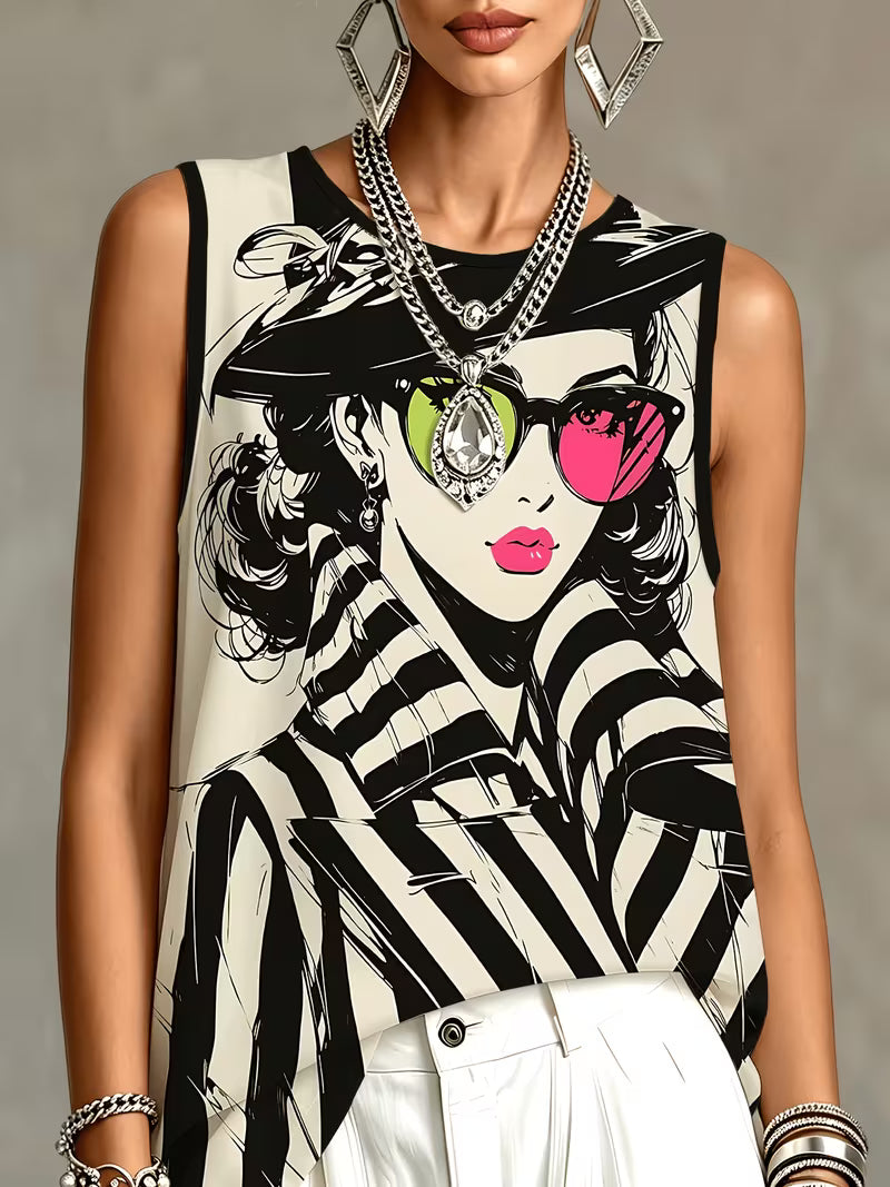 Fashion Printed Sleeveless Top, Women'S Trendy Individual Pattern Vest, Black And White Striped Design, Summer Versatile Style