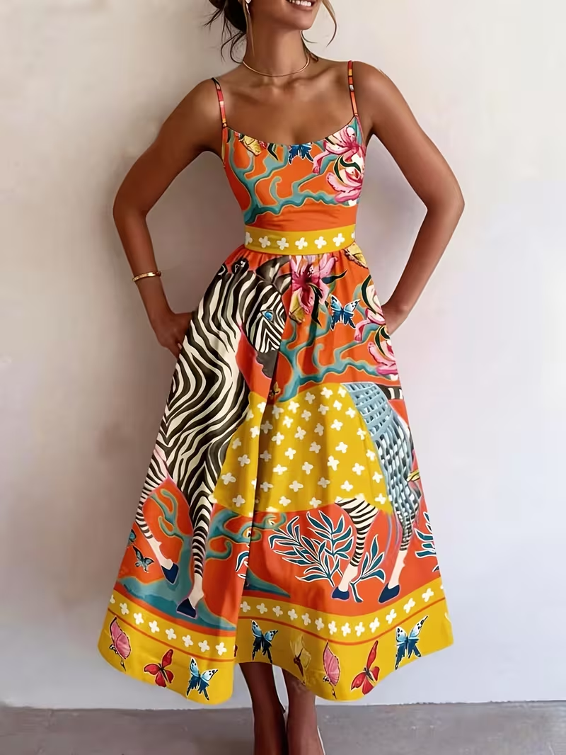 Colorful Zebra and Floral Print Camisole Dress, Tropical Seaside Beach Sweet Youthful Women's Elegant Bohemian Party Cocktail Dress, Sleeveless Spaghetti Strap Midi High-Waist A-Line