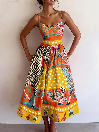 Colorful Zebra and Floral Print Camisole Dress, Tropical Seaside Beach Sweet Youthful Women's Elegant Bohemian Party Cocktail Dress, Sleeveless Spaghetti Strap Midi High-Waist A-Line