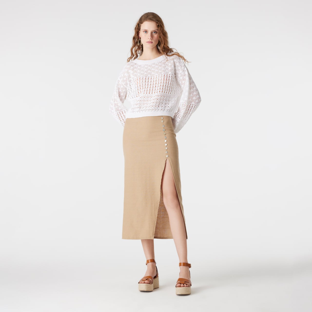 Camel Cut-Out Buttons Skirt