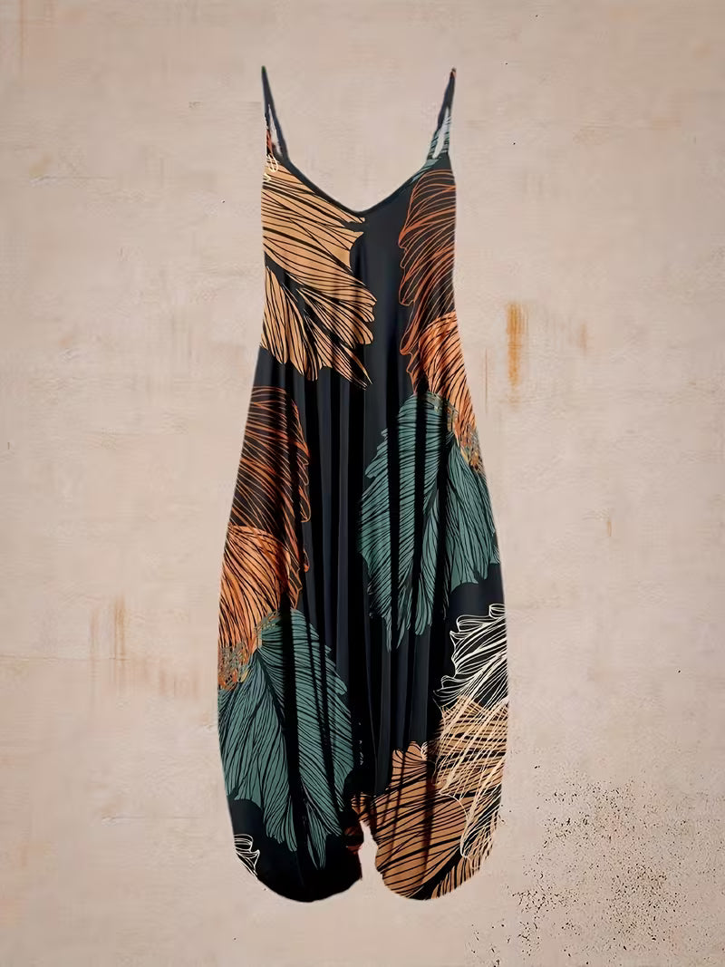 Bohemian Women'S Sleeveless Harem Jumpsuit with Tropical Leaf Print, Casual V-Neck, And Open-Back Design