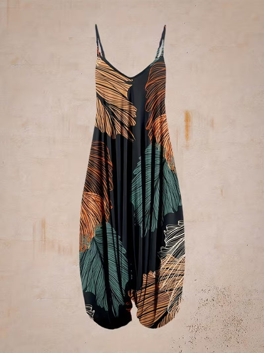 Bohemian Women'S Sleeveless Harem Jumpsuit with Tropical Leaf Print, Casual V-Neck, And Open-Back Design