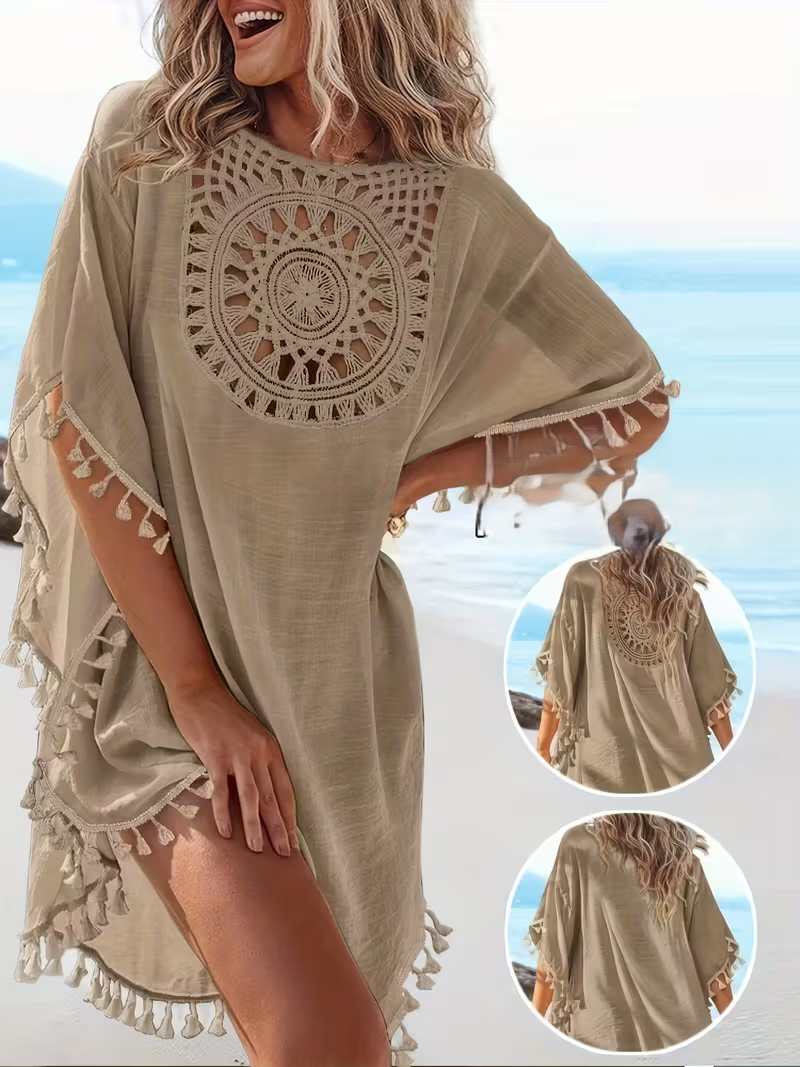 Women'S Spring Summer Reversible Lace Patchwork Round Neck Batwing Short Sleeve Tassel Hem Beach Vacation Cover-Up Sunscreen Shirt