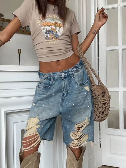 Women's Casual Ripped Denim Rhinestone Jeans Shorts for  Daily Wear