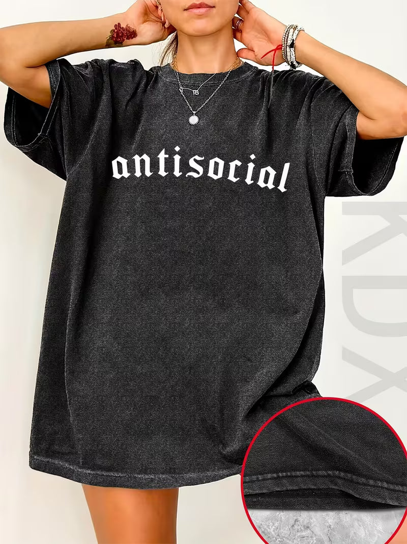 Letter Print Loose Round Neck Fashion Women's Wash Short Sleeve.