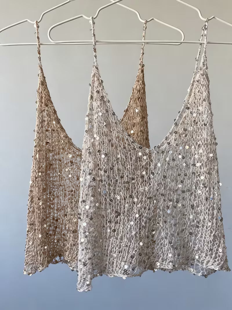 Sequined Hollow-Out Camisole 2pcs Set, V-Neck Beach Cover-Up with Straps, A Must-Have for Creating a Beachy Vibe, Perfect for Vacation, Hot Everyday Layering, Outerwear, Vacation Outfits, Music Festivals