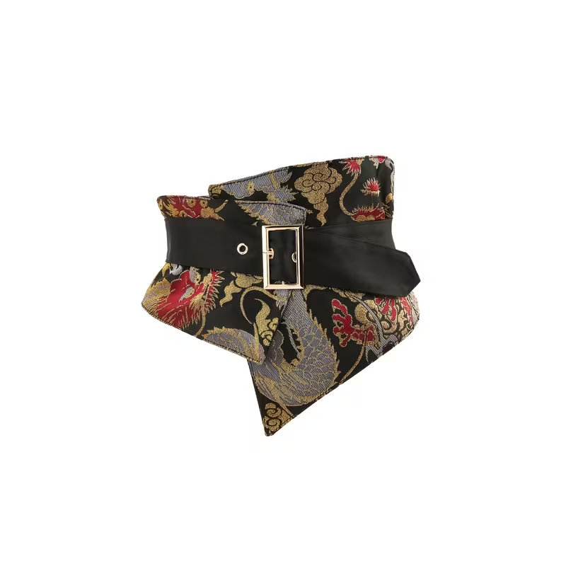 Women's fitted waist belt with embroidery.
