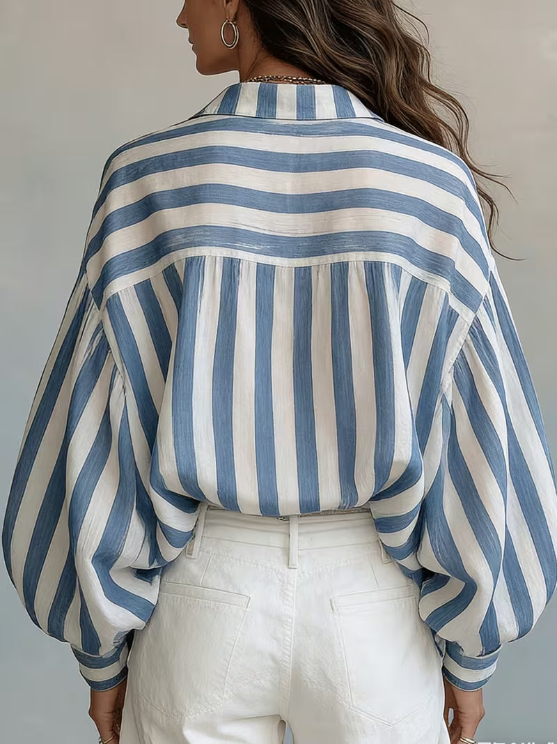 Spring Summer New Style Retro Striped Long Sleeve Women'S Shirt, Loose Vacation Style Beach Top, Casual Commute