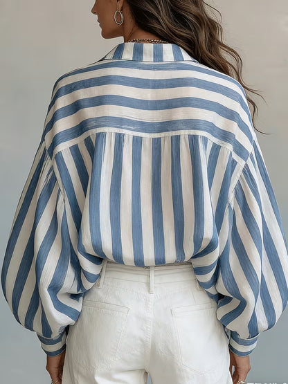 Spring Summer New Style Retro Striped Long Sleeve Women'S Shirt, Loose Vacation Style Beach Top, Casual Commute