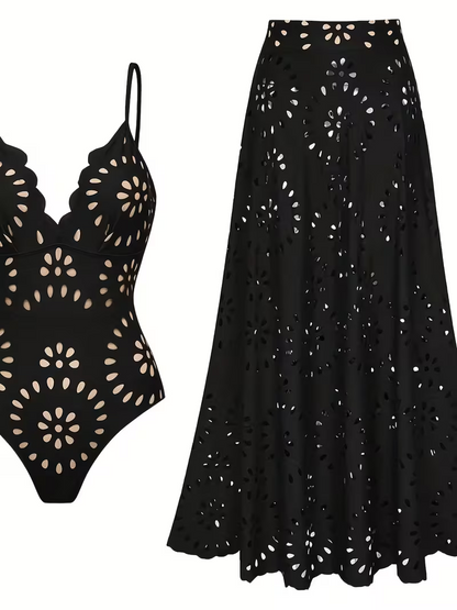 Bikini Cut-Out Maxi Skirt Black Two-Piece Swimsuit Set