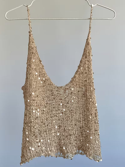 Sequined Hollow-Out Camisole 2pcs Set, V-Neck Beach Cover-Up with Straps, A Must-Have for Creating a Beachy Vibe, Perfect for Vacation, Hot Everyday Layering, Outerwear, Vacation Outfits, Music Festivals