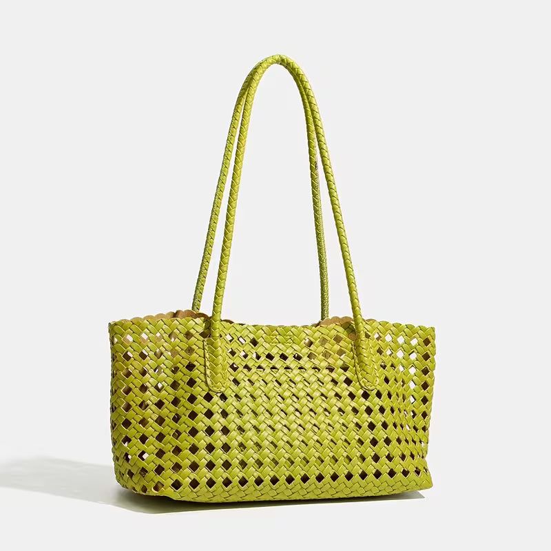 Woven Tote Bag, Black Hollow Design Handbag, Large Capacity Woven Shoulder Strap, Suitable for Daily Commute, Leisure Travel, And Seaside Vacation