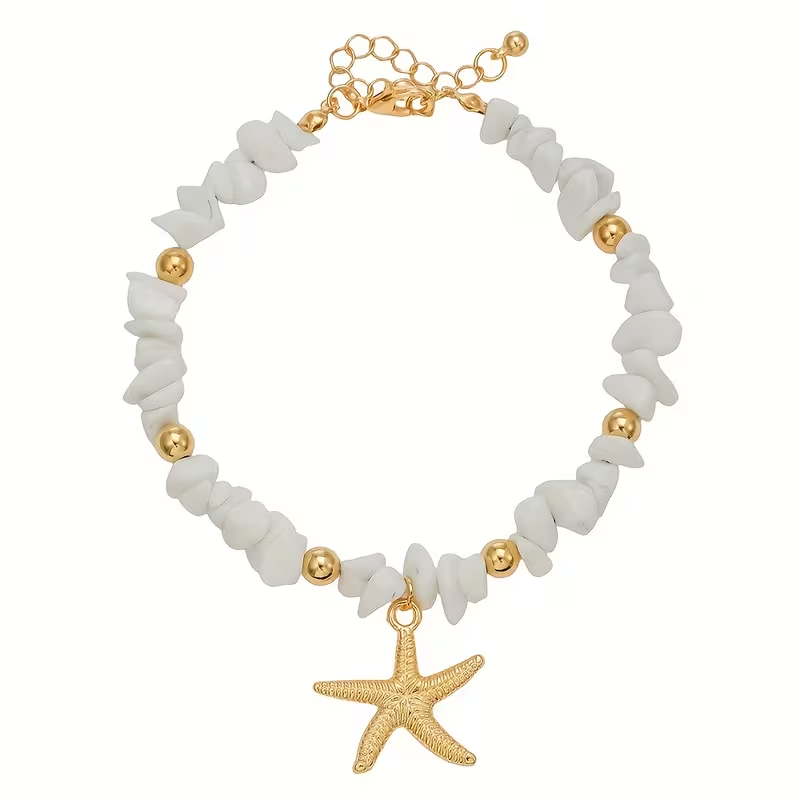 Ocean-Themed White Stone Anklet, Adjustable Size