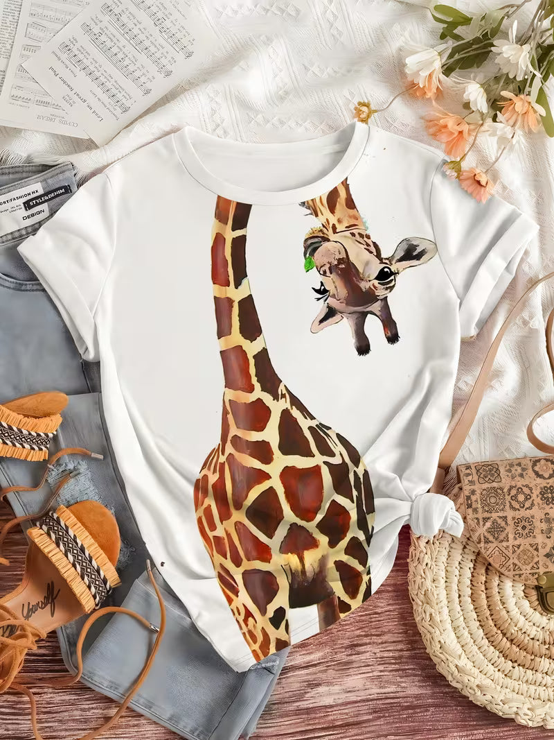 Women's Trendy Giraffe Watercolor Print Short Sleeve T-Shirt,