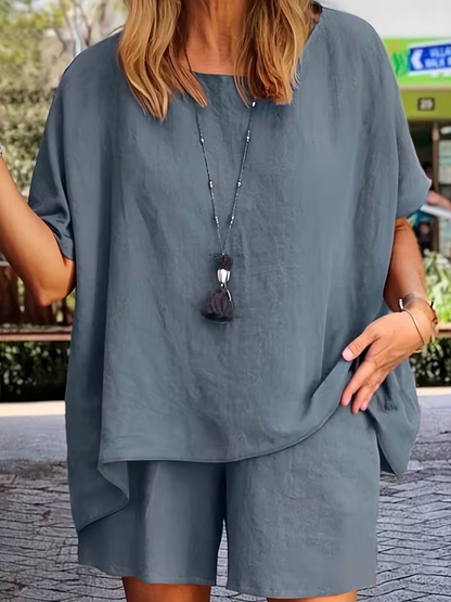 Ladies' Summer New Solid Color Linen Shorts Suit, Fashionable And Elegant Plain Casual Women'S Top And Shorts Two-Piece Set
