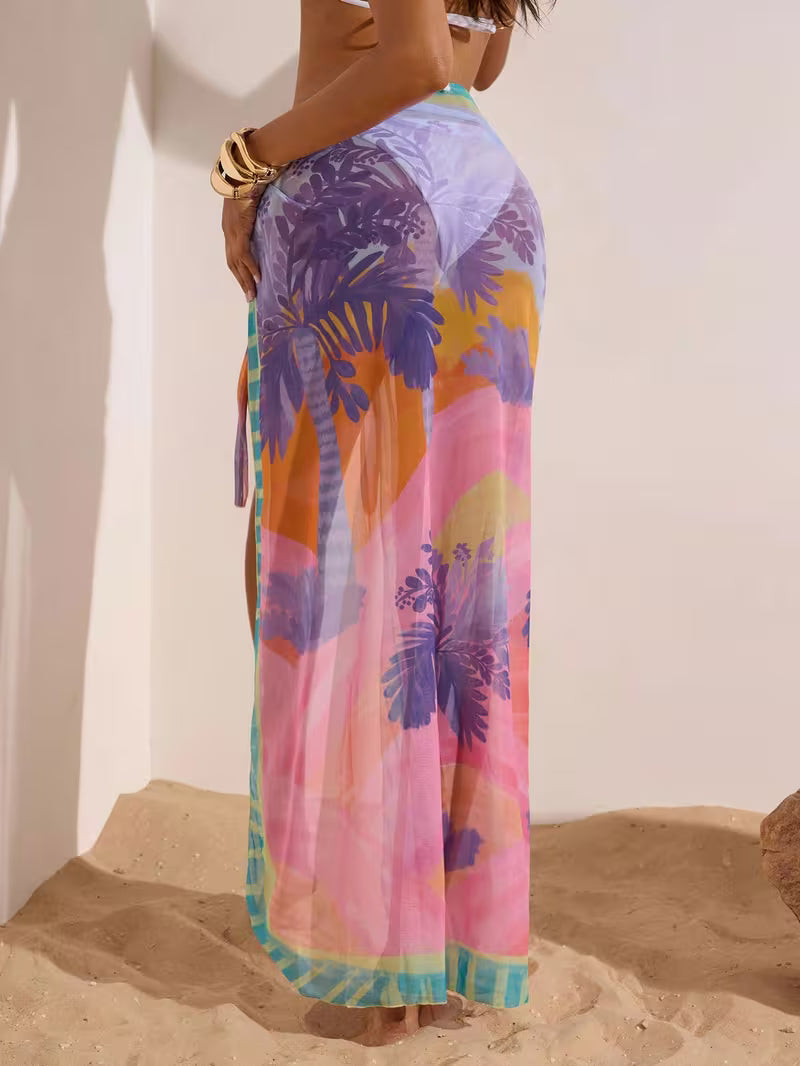 Women'S Fashion New Coconut Tree All-Over Print Half-Length Mesh Wrap Skirt