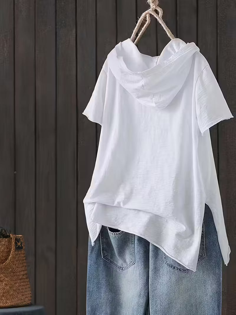 Hooded T-Shirt Women'S Summer New Loose Short-Sleeved Artistic Ripped Casual Top
