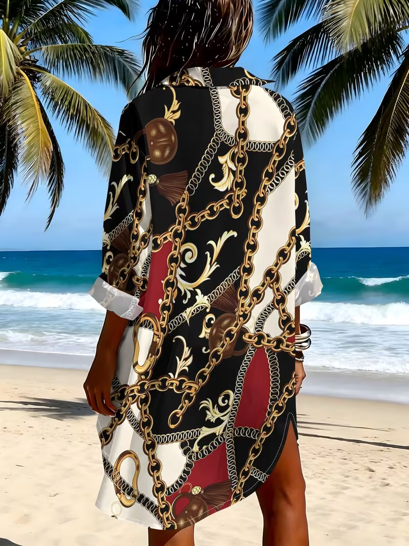 Women'S Long Sleeve Shirt Dress Summer Fashion Chain Print Casual Long Sleeve Shirt Dress
