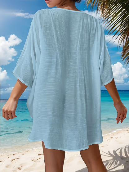 Swim Ring Linked Split Sleeve Asymmetrical Hem Cover Up