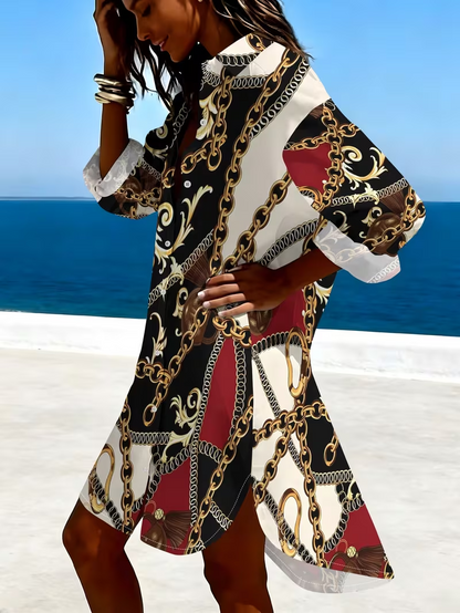 Women'S Long Sleeve Shirt Dress Summer Fashion Chain Print Casual Long Sleeve Shirt Dress