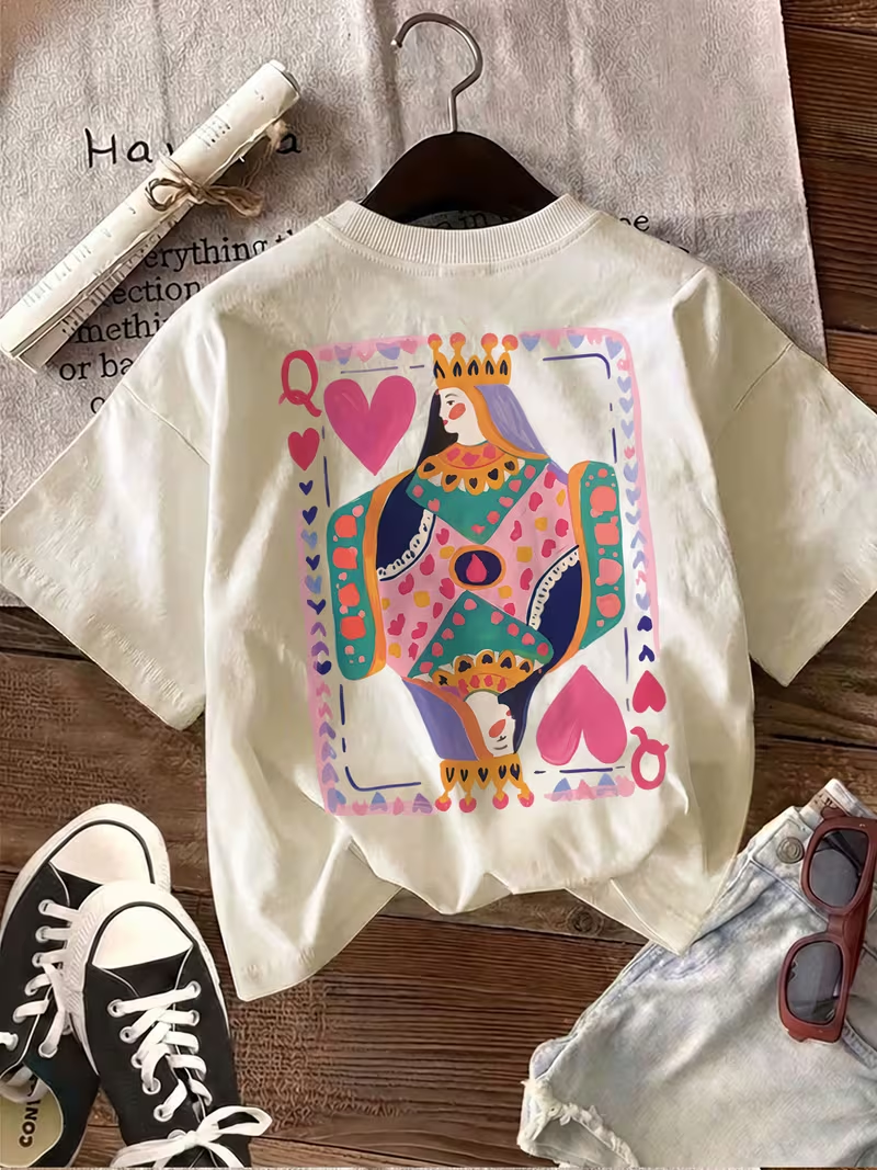 Double-sided Print Summer Casual Women's Top, Illustration Style, Playing Cards, Heart, Queen Print, Round Neck, Pure Short Sleeve T-shirt
