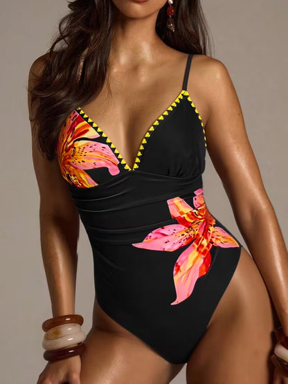 Women's Deep V-Neck Zigzag Hem Floral Print 1pc Swimsuit