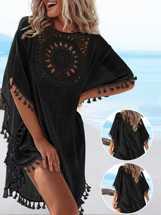 Women'S Spring Summer Reversible Lace Patchwork Round Neck Batwing Short Sleeve Tassel Hem Beach Vacation Cover-Up Sunscreen Shirt
