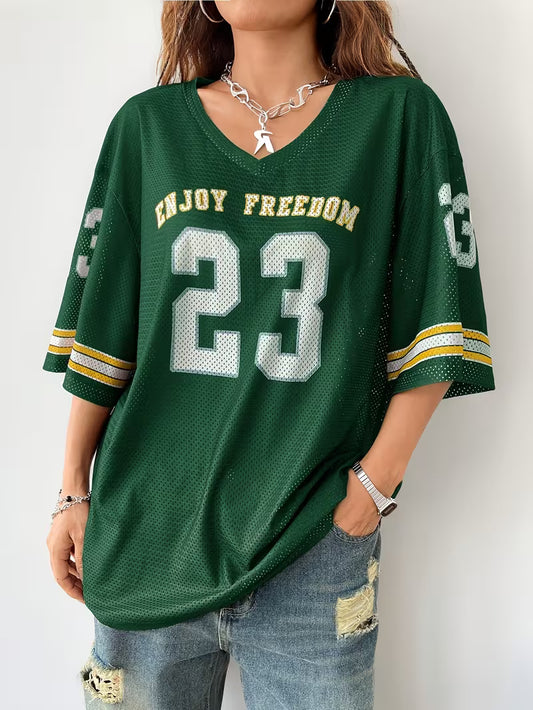 Women'S 23-Digit Printed Pattern Mesh Stylish Sports V-Neck T-Shirt