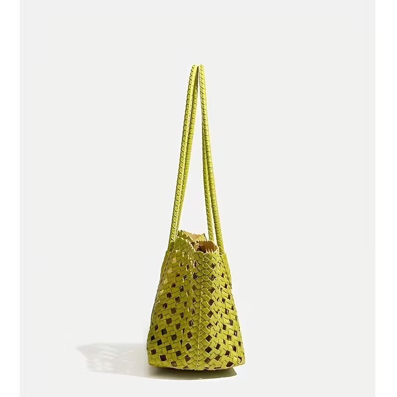 Woven Tote Bag, Black Hollow Design Handbag, Large Capacity Woven Shoulder Strap, Suitable for Daily Commute, Leisure Travel, And Seaside Vacation