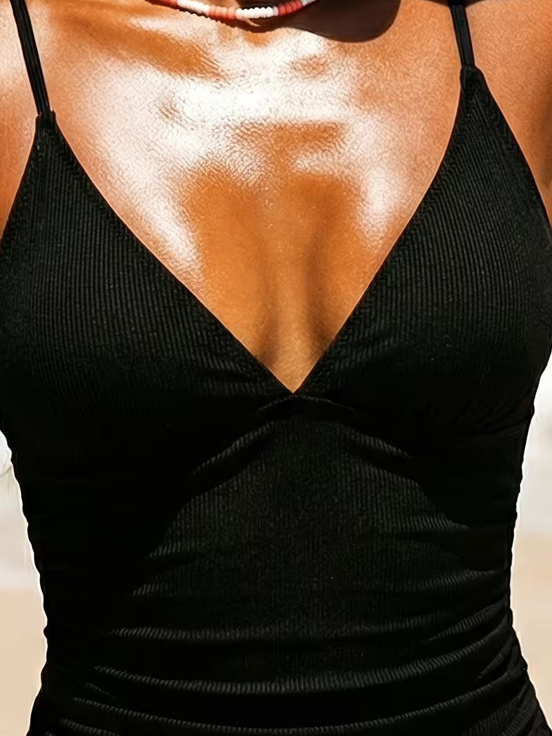 One-Piece Swimsuit Women'S Sexy Halter V-Neck Pleated Backless Easy Swimsuit Female