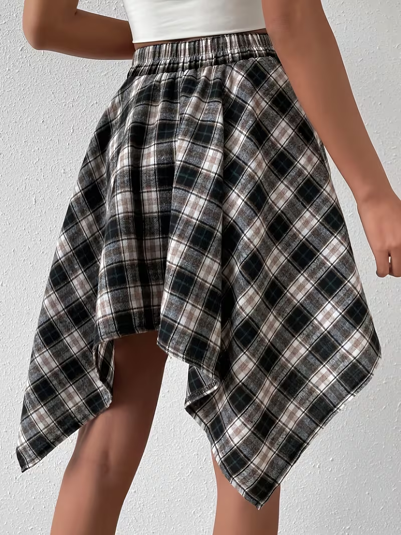 Checkered Print Casual High-Waisted Asymmetrical Hem Skirt