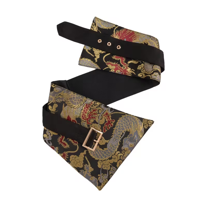 Women's fitted waist belt with embroidery.