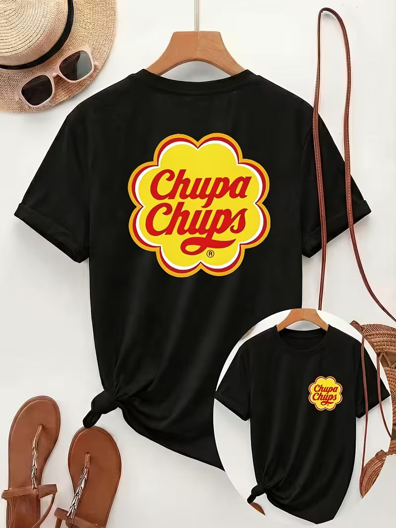 Printed with The Chupa Chups Brand Logo - in a Yellow Cloud Shape, with Red Patterned Text - Casual Crew Neck Short-Sleeve T-Shirt