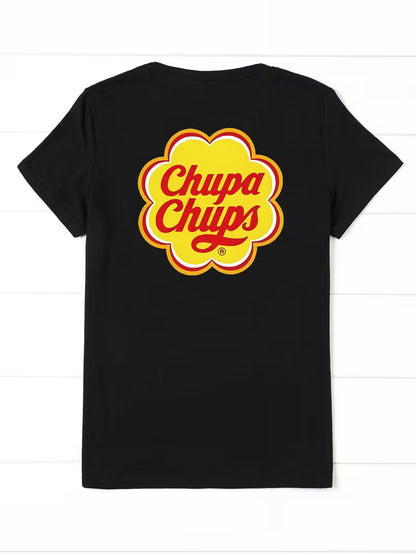 Printed with The Chupa Chups Brand Logo - in a Yellow Cloud Shape, with Red Patterned Text - Casual Crew Neck Short-Sleeve T-Shirt