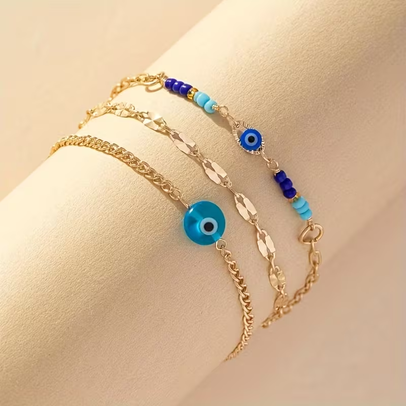 Set of 3 Blue Evil Eye Adjustable Anklets