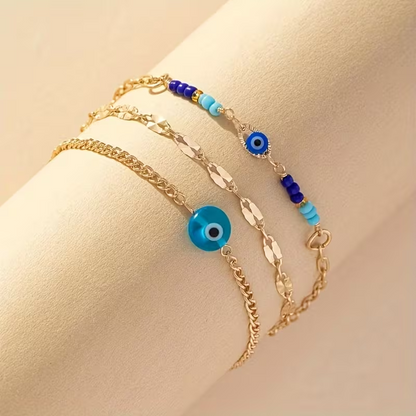 Set of 3 Blue Evil Eye Adjustable Anklets