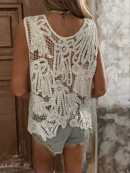 Summer Vacation Style Hollow-Out Sleeveless Sequin Hand- Vest Top