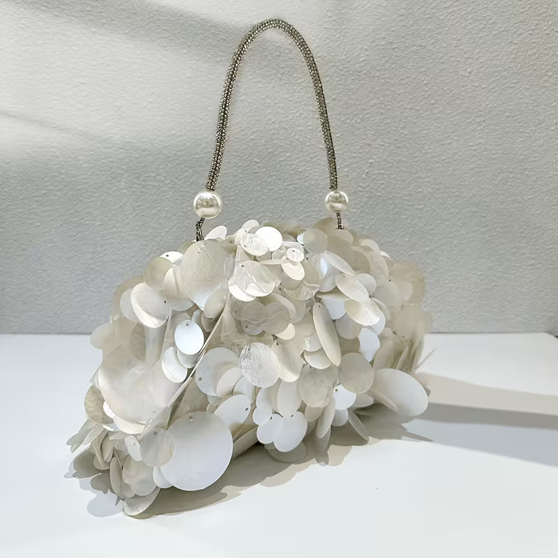 1 Elegant Simulated Shell Sequin Women'S Handbag, Luxurious Pearl Crystal Handle