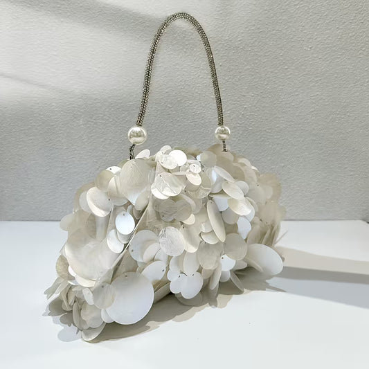 1 Elegant Simulated Shell Sequin Women'S Handbag, Luxurious Pearl Crystal Handle
