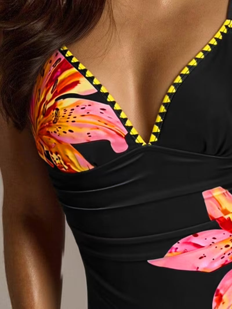 Women's Deep V-Neck Zigzag Hem Floral Print 1pc Swimsuit