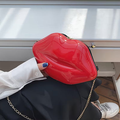 New Korean-style Bright Red Creative Personality Lip-shaped Bag, a Small Glossy Chain-strap Single-shoulder Crossbody Bag for