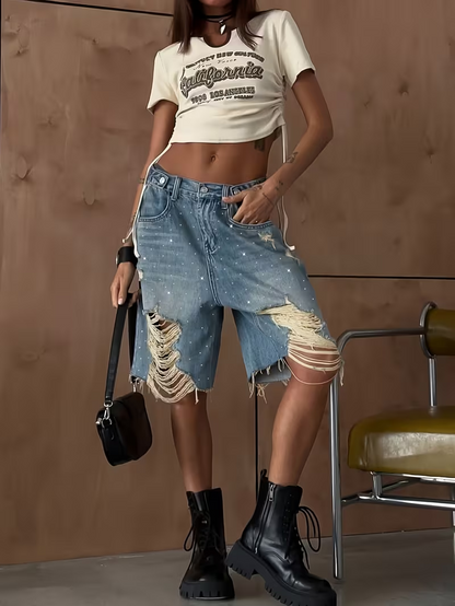 Women's Casual Ripped Denim Rhinestone Jeans Shorts for  Daily Wear