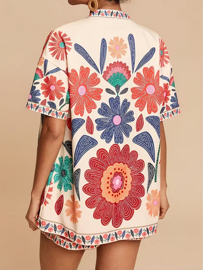 2pcs Tropical Print Short Sleeve Top and Shorts Set