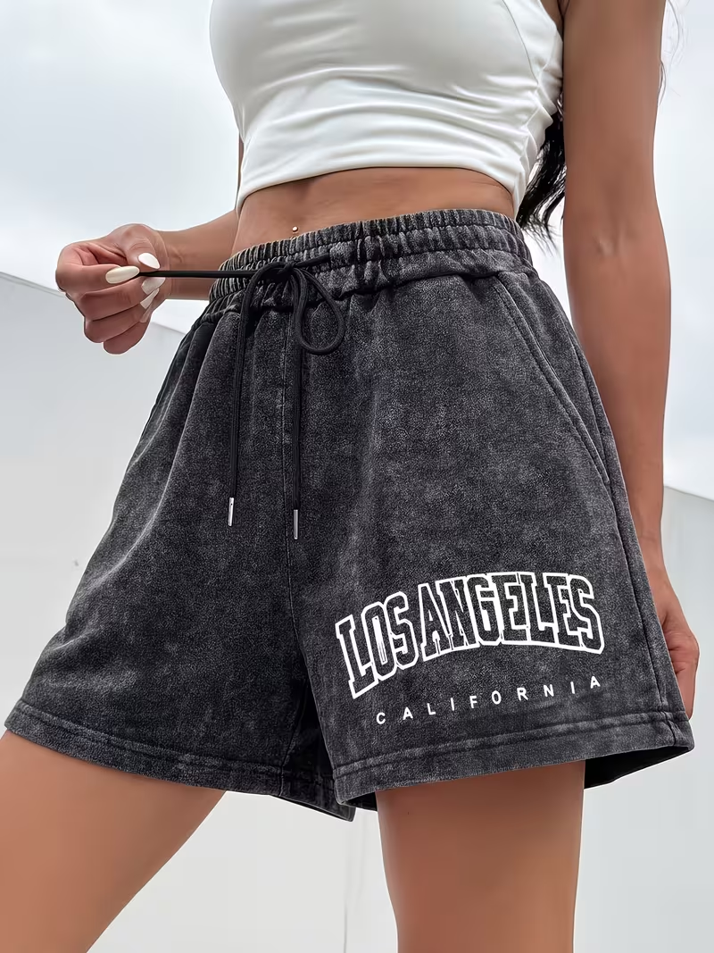 Los Angeles Letter Print Washed Women's Y Casual Shorts with Elastic Drawstring Waist, Versatile for Home Wear, Lifestyle Fashion